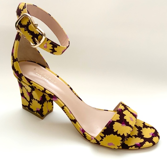 Kate Spade Susane Rich Fudge Sandals Floral Yellow Ankle Strap Block Heel Pumps - Picture 6 of 11